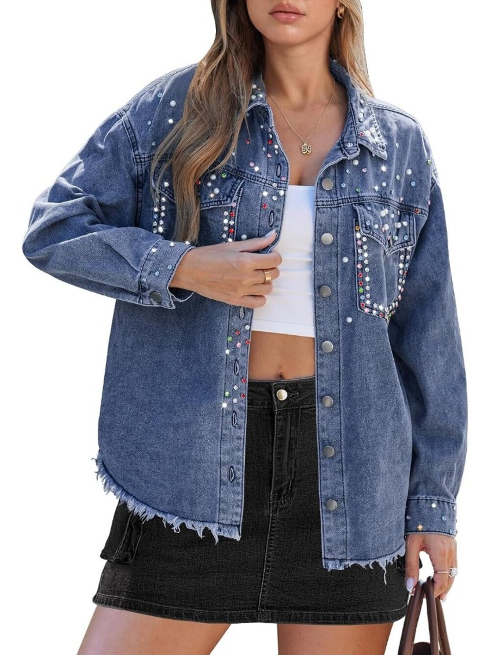 Women's Blue Jean Trendy Rhinestones Pearls Embellished Sparkly Frayed Jacket